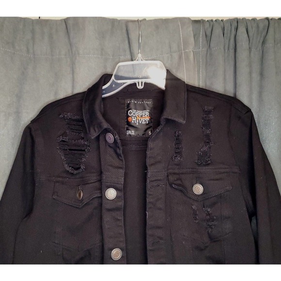Copper Rivet Ripped Black Denim Jacket Size Men's Small S Very Good FREE SHIP!! - Picture 3 of 7